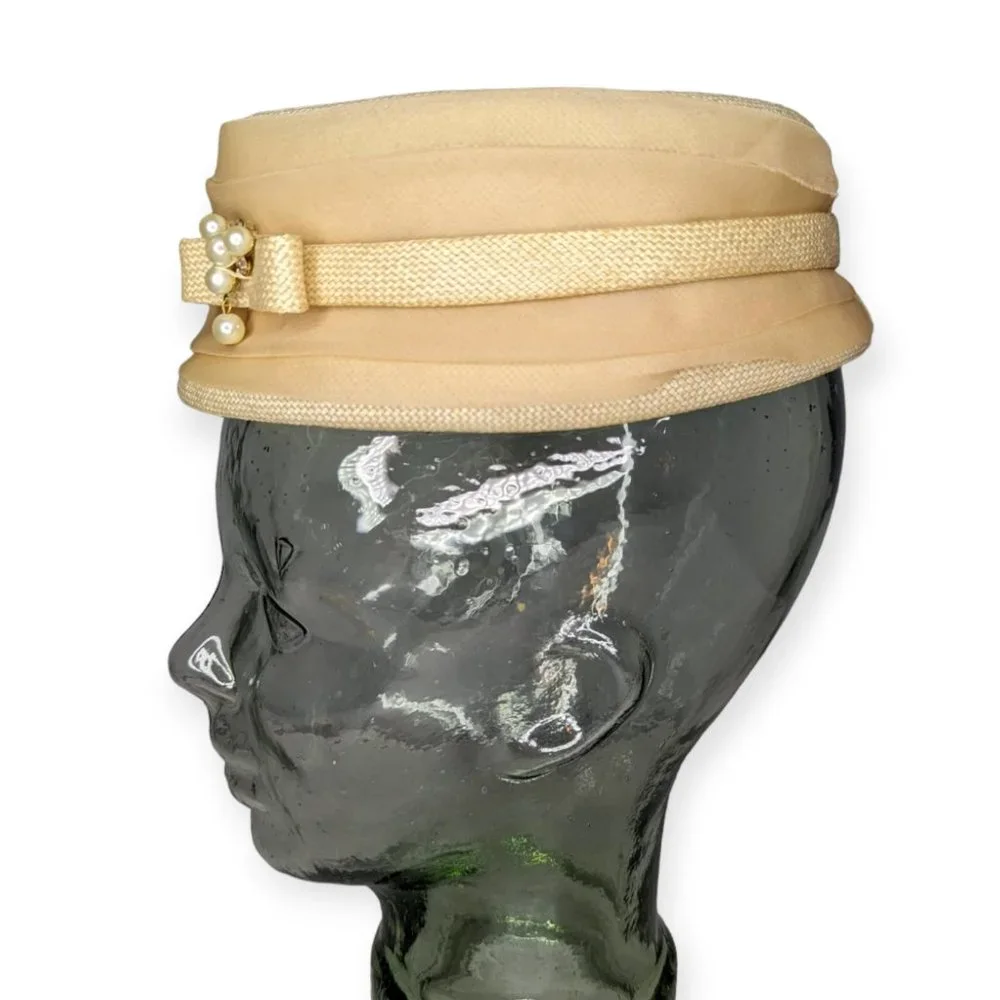 Vintage Ivory Pill Box Hat with Faux Pearl Accent - Picture 4 of 11